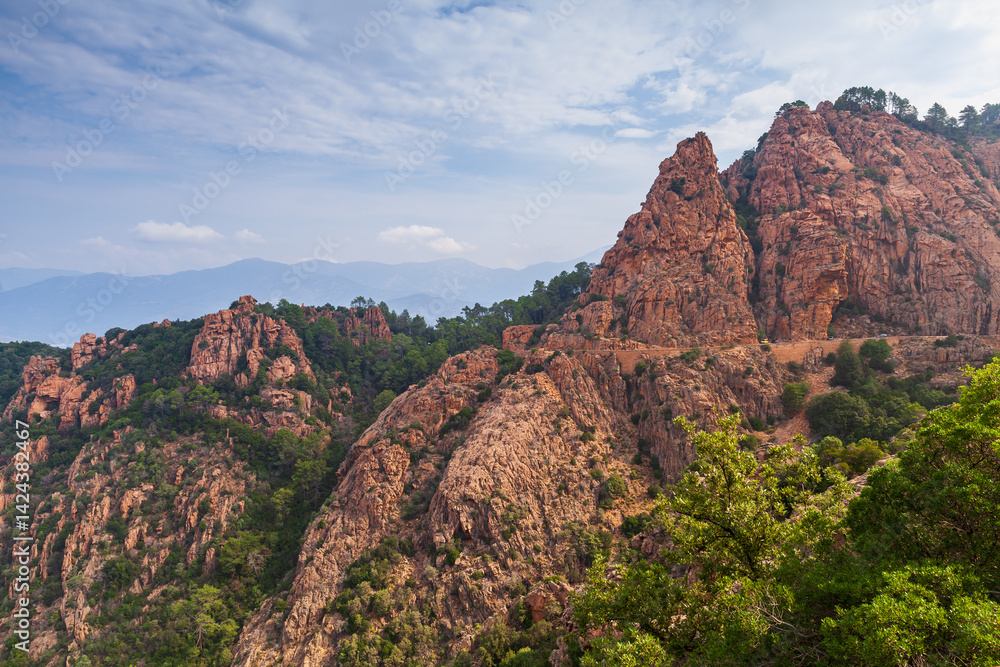 Fototapeta premium A breathtaking view of rocky hills covered with green foliage, Corsica