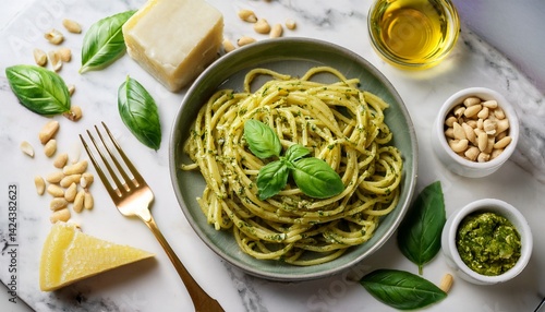 Close-up of twirled linguine pasta covered in vibrant green pesto sauce