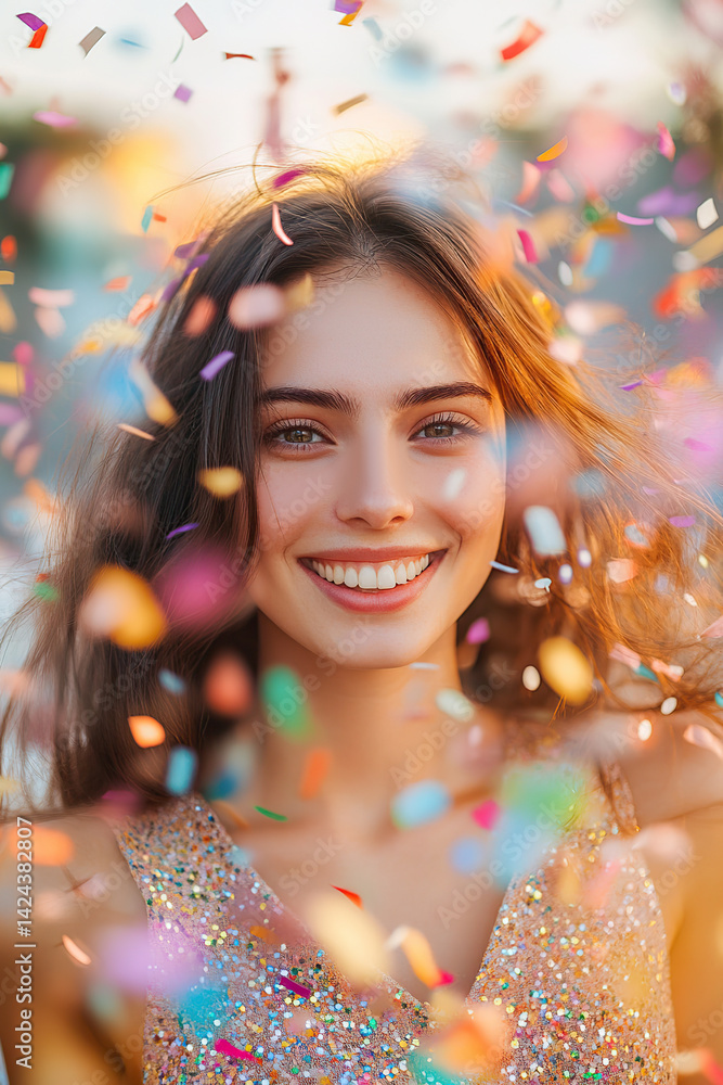 American woman smiling joyfully while colorful confetti falls around her during celebration American woman smiling joyfully while colorful confetti falls around her during celebration