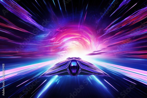 spaceship zipping through a hyperwarp space filled with neon-colored energy trails