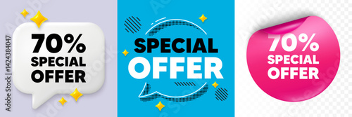 Discount speech bubble. 3d sparkles chat, Paper sticker. 70 percent discount offer tag. Sale price promo sign. Special offer symbol. Special offer bubble. Halftone dots pattern. Vector