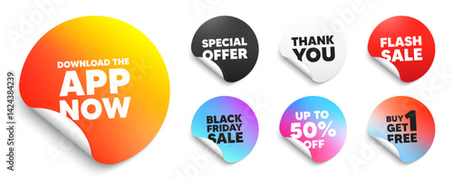Download app sticker tag. Special offer paper price tags. Download the app now. Web application sign. Get program software symbol. Discount, black friday sticker. Promo banner. Vector