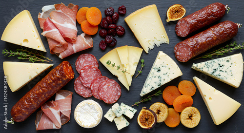 Elegant Cheese Board Presentation with Assorted Cured Meats and Dried Fruits