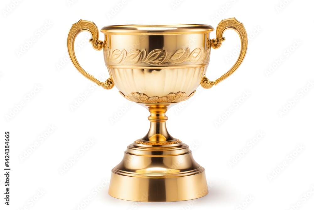 A shiny gold trophy cup with intricate detailing on the handles, placed elegantly on a pedestal, gleaming under soft lighting A shiny gold trophy cup with intricate detailing on the handles, placed elegantly on a pedestal, gleaming under soft lighting