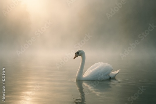 Elegant White Swan Gliding Peacefully on a Misty Lake at Sunrise