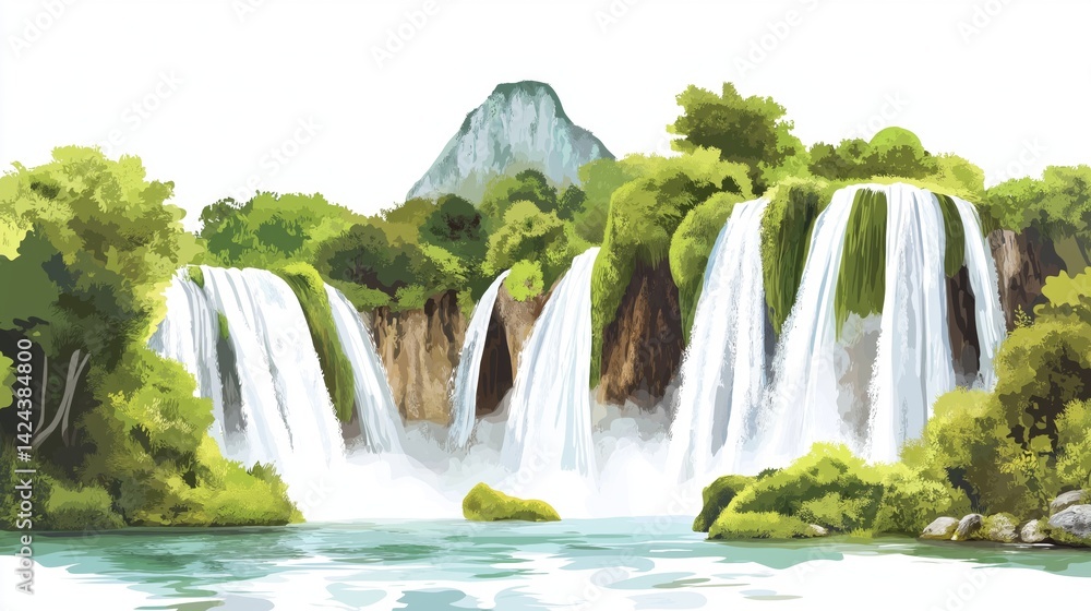 Naklejka premium Kravica Waterfalls. Kravica Waterfalls hand drawn watercolor illustration