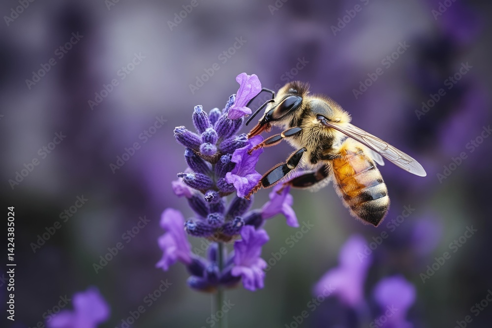 A honeybee collects nectar from a vibrant purple lavender flower, showcasing nature's intricate beauty. A honeybee collects nectar from a vibrant purple lavender flower, showcasing nature's intricate beauty.
