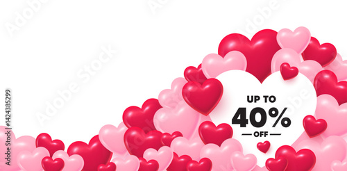 Discount tag heart shaped bubble. 3d hearts love background. Up to 40 percent off sale. Discount offer price sign. Special offer symbol. Save 40 percentages. Valentines day greeting card. Vector