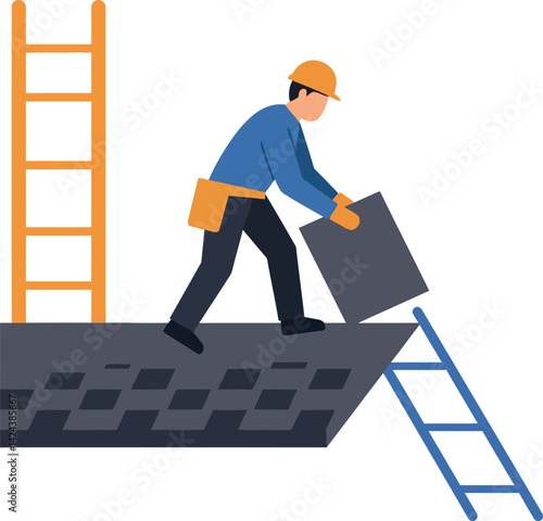 Construction worker laying brick wall with ladders safety gear vector illustration 