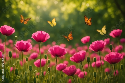 Colorful Butterflies Fluttering Over Blooming Pink Flowers in a Sunlit Garden