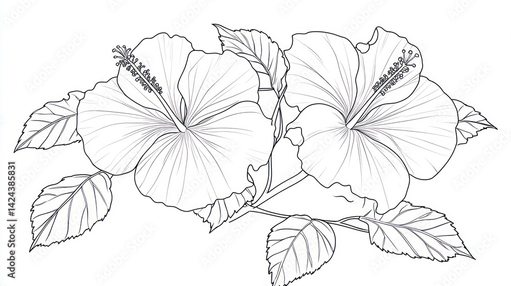 Fototapeta premium Line art hibiscus flowers, leaves, botanical illustration, white background, coloring book