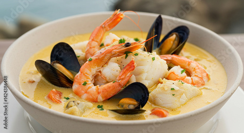 Fototapeta Naklejka Na Ścianę i Meble -  Gourmet seafood bisque featuring shrimp, mussels, and fish in creamy broth
