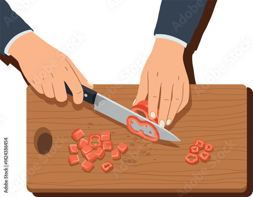 Hands slicing red bell pepper on wooden cutting board kitchen food preparation vector illustration 