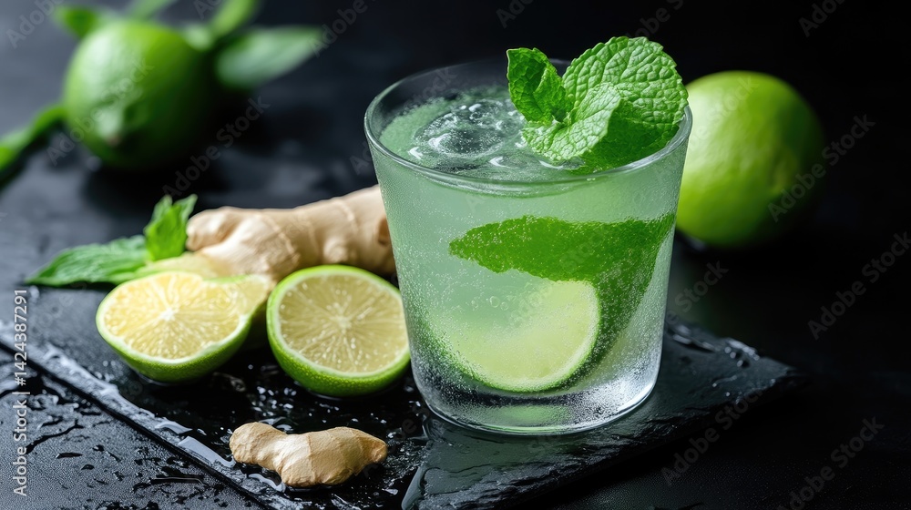 Fototapeta premium Refreshing lime and ginger cocktail garnished with fresh mint leaves and ice in a glass on a dark slate background.
