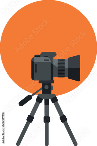 Professional camera on tripod with orange circle background digital vector illustration 