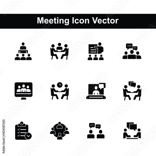Meeting fill vector black icons set. Business meetings, conferences, seminars, and interviews use an editable fill black icon.
