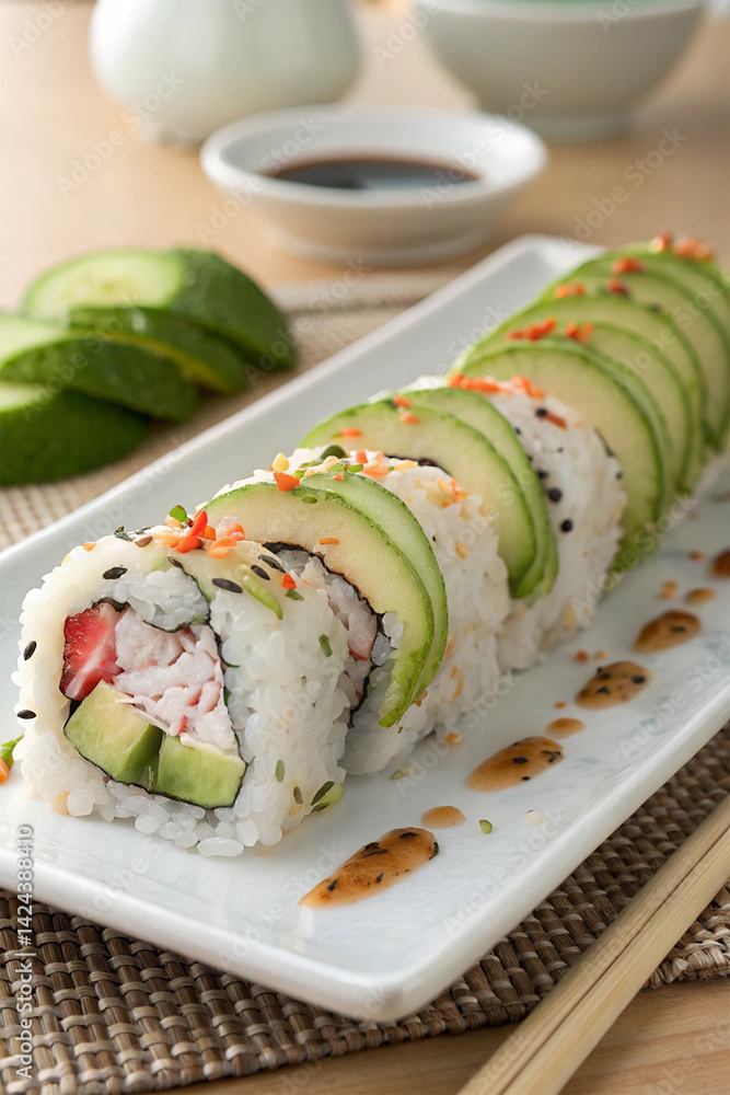 A beautifully arranged plate of sushi with fresh fish, perfectly crafted with attention to detail. A delicate balance of flavors and textures in every bite A beautifully arranged plate of sushi with fresh fish, perfectly crafted with attention to detail. A delicate balance of flavors and textures in every bite