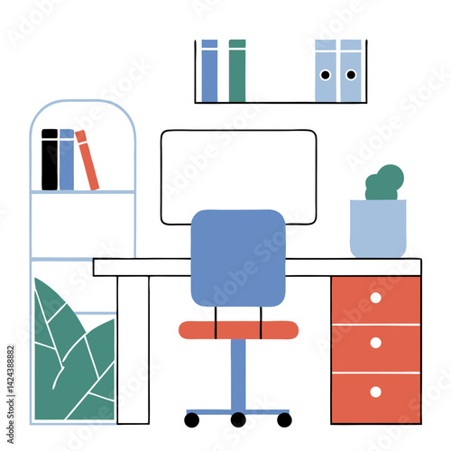 A serene workspace awaits, ready for focused work and creative inspiration, featuring a minimalist desk, organized shelves, and a calming plant.