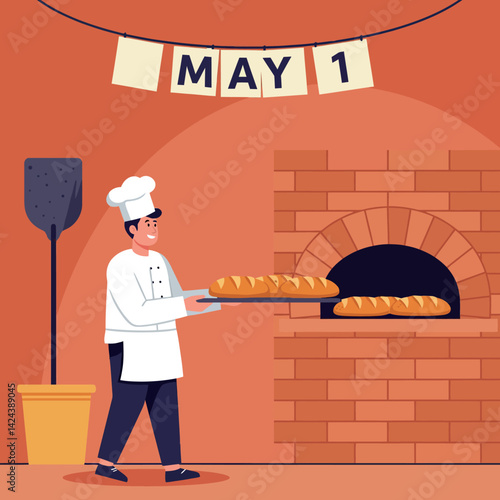 Baker holding fresh bread near brick oven in bakery on May 1 celebration vector illustration 