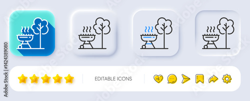 Grill line icon. Neumorphic, Flat shadow, 3d buttons. Barbecue cooker for cooking food sign. Hot meat brazier symbol. Line grill icon. Social media icons. Vector