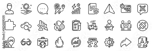 Quick tips, Puzzle and Sunglasses line icons pack. Share, Message, Paper plane icons. Flight sale, Employee hand, Difficult stress web icon. Vector