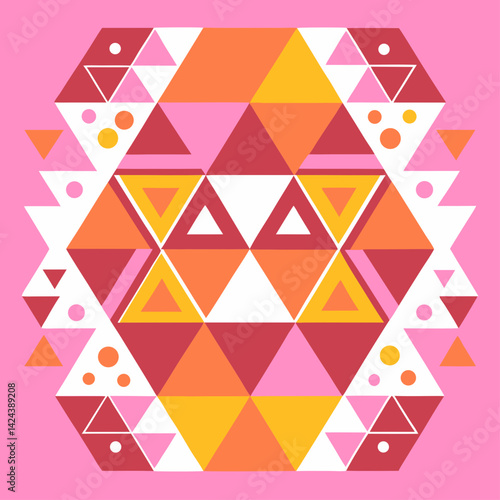 A vibrant geometric tapestry of warm hues and playful shapes, a joyful dance of triangles and circles on a soft pink canvas.