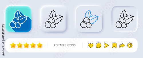 Christmas holly line icon. Neumorphic, Flat shadow, 3d buttons. Ilex aquifolium sign. Line christmas holly icon. Social media icons. Vector