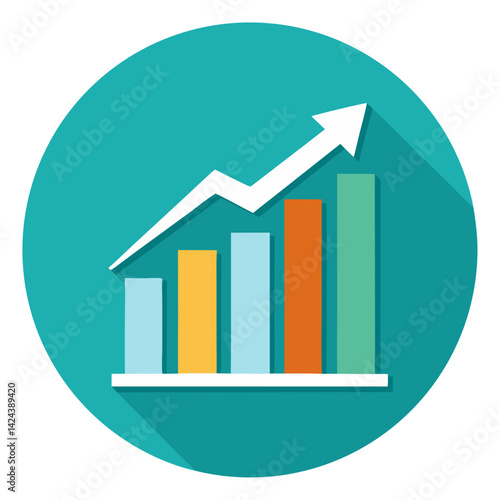 Celebrating upward growth and progress with a vibrant bar chart design showcasing steady increase in a teal circular graphic.