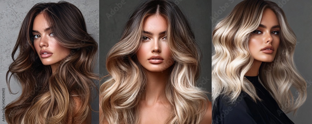 Beautiful model posing with long wavy hair in different hair colors Beautiful model posing with long wavy hair in different hair colors