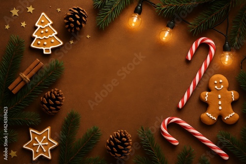 Festive Gingerbread Cookies With Pinecones and Lights on a Brown Background D...