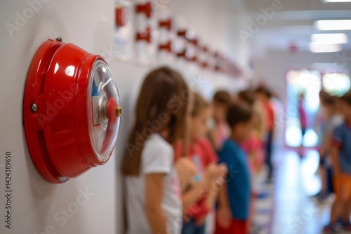 fire alarm on school wall with children participating in safety drill. scene captures importance of safety education in schools