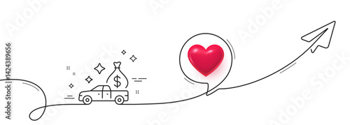 Cash transit line icon. Continuous line with share plane. Money collector car sign. Cash collection machine symbol. 3d heart in speech bubble. Cash transit single line ribbon. Vector