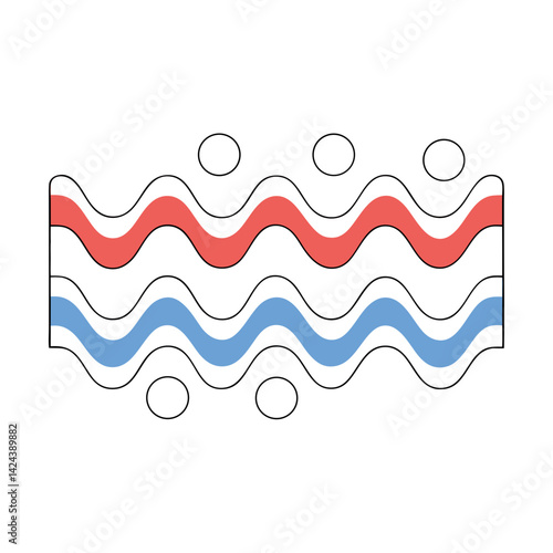 Serene waves of coral and sky blue dance playfully with floating circles, a minimalist design evoking calm ocean vibes.