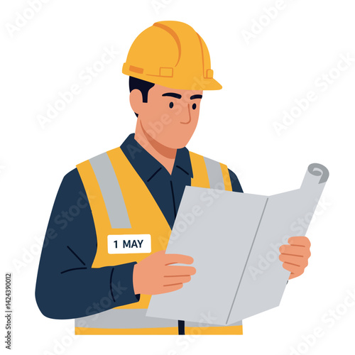 Construction worker wearing safety helmet and vest reading blueprint vector illustration 