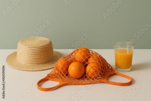 Refreshing Summer Vibes With Oranges and a Straw Hat on a Minimalist Table