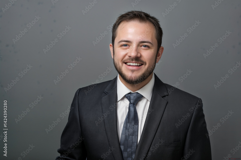 The image shows a person wearing a dark suit, white dress shirt, and a patterned tie, standing against a plain gray background The image shows a person wearing a dark suit, white dress shirt, and a patterned tie, standing against a plain gray background