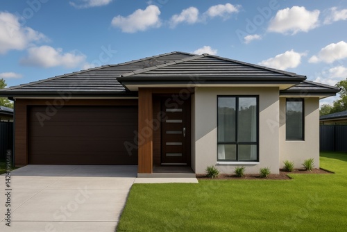Modern Suburban House With Landscaped Lawn and Clear Blue Sky in the Background
