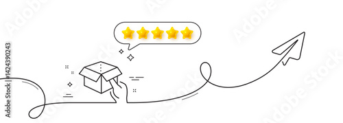 Hold open box line icon. Continuous line with share plane. Delivery parcel sign. Cargo package symbol. Five star rate review in speech bubble. Hold box single line ribbon. Loop curve pattern. Vector