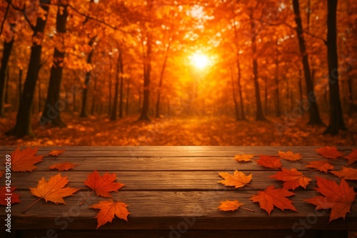 Autumn Leaves Scattered on a Wooden Table in a Sunlit Forest During Sunset