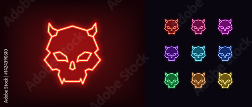 Outline neon demon skull icon. Glowing neon devil skull with horns and fangs, vampire cranium icon. Death face, scary skeleton head, evil, demon emoji, satan skull, monster cranium. Vector icon set