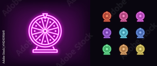 Outline neon fortune wheel icon. Glowing neon lucky spin icon, roulette game. Lucky wheel, lottery game, casino roulette spin, fortune chance bet, win prize reward, free spin bonus. Vector icon set