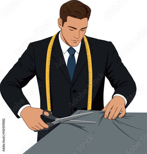 Tailor cutting fabric with scissors measuring tape in professional clothing business vector illustration 