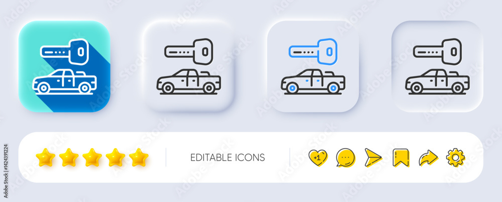 Fototapeta premium Car key line icon. Neumorphic, Flat shadow, 3d buttons. Rent transport sign. Buy new vehicle symbol. Line car key icon. Social media icons. Vector