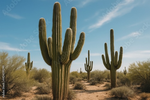 Cacti Thrive in a Desert Landscape Under Clear Blue Skies During Midday Sunlight