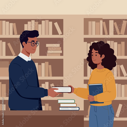 Library book exchange between man and woman in casual clothing with bookshelf background vector illustration 