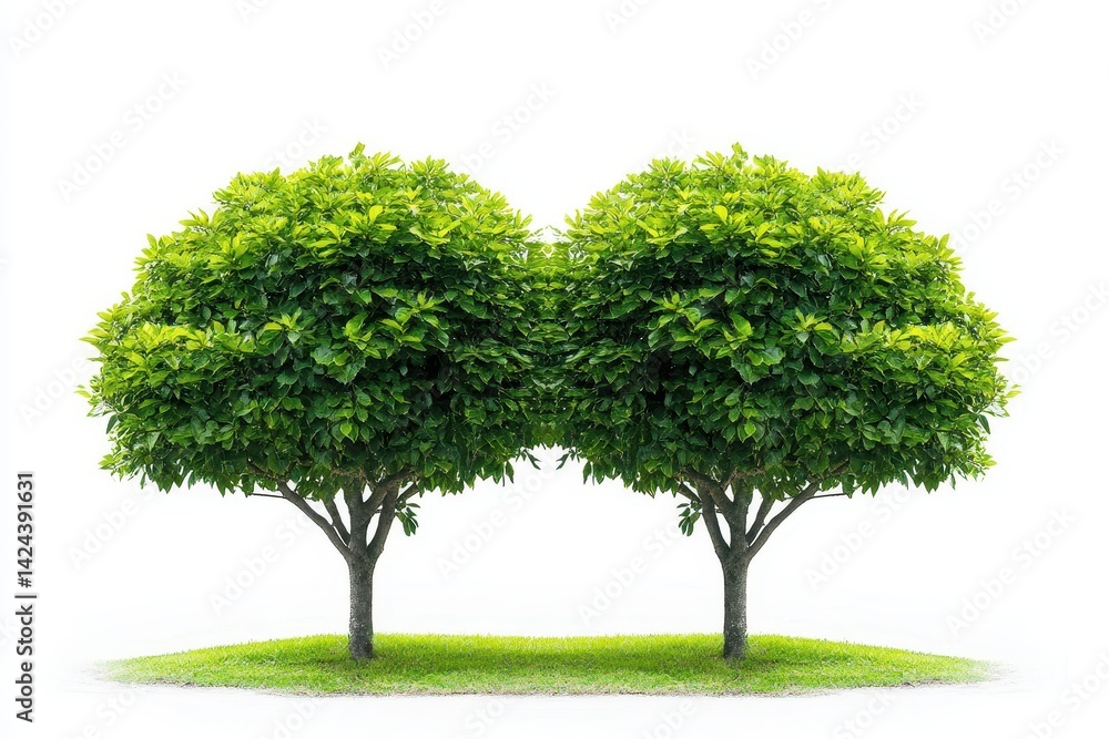 Two symmetrical trees on a grassy knoll