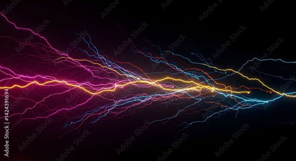 Colorful lightning strikes across a dark background creating a dynamic and energetic composition Colorful lightning strikes across a dark background creating a dynamic and energetic composition