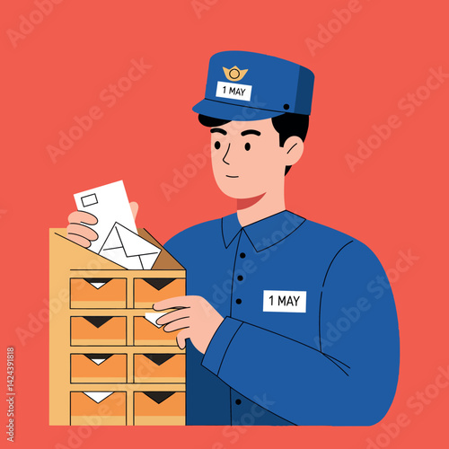 Male postal worker sorting mail in blue uniform with wooden mailbox vector illustration 