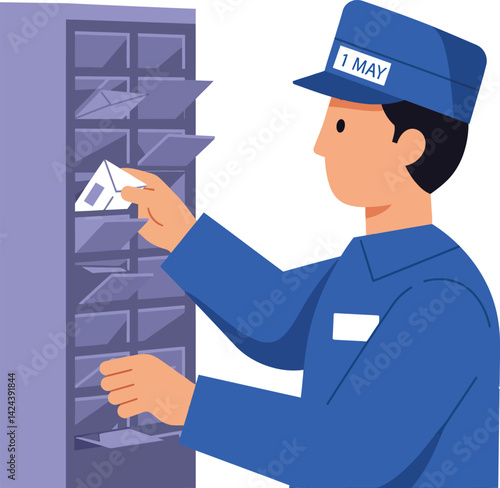 Mail carrier sorting letters in blue uniform delivering post vector illustration 