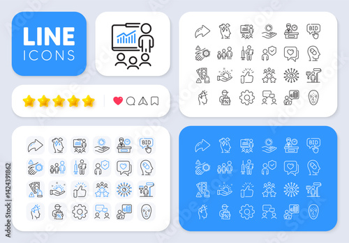 Vaccination announcement, Delivery discount and Depression treatment line icons for web app. Message, Share, Like social media icons. Vector